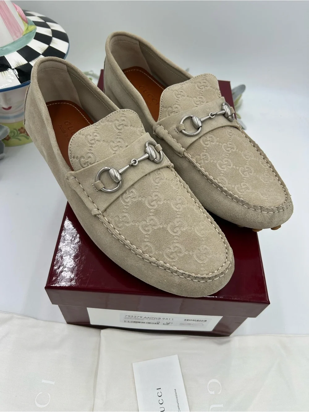 Men's Gucci suede GG embossed loafers size 12.5 fits 13 US made in Italy